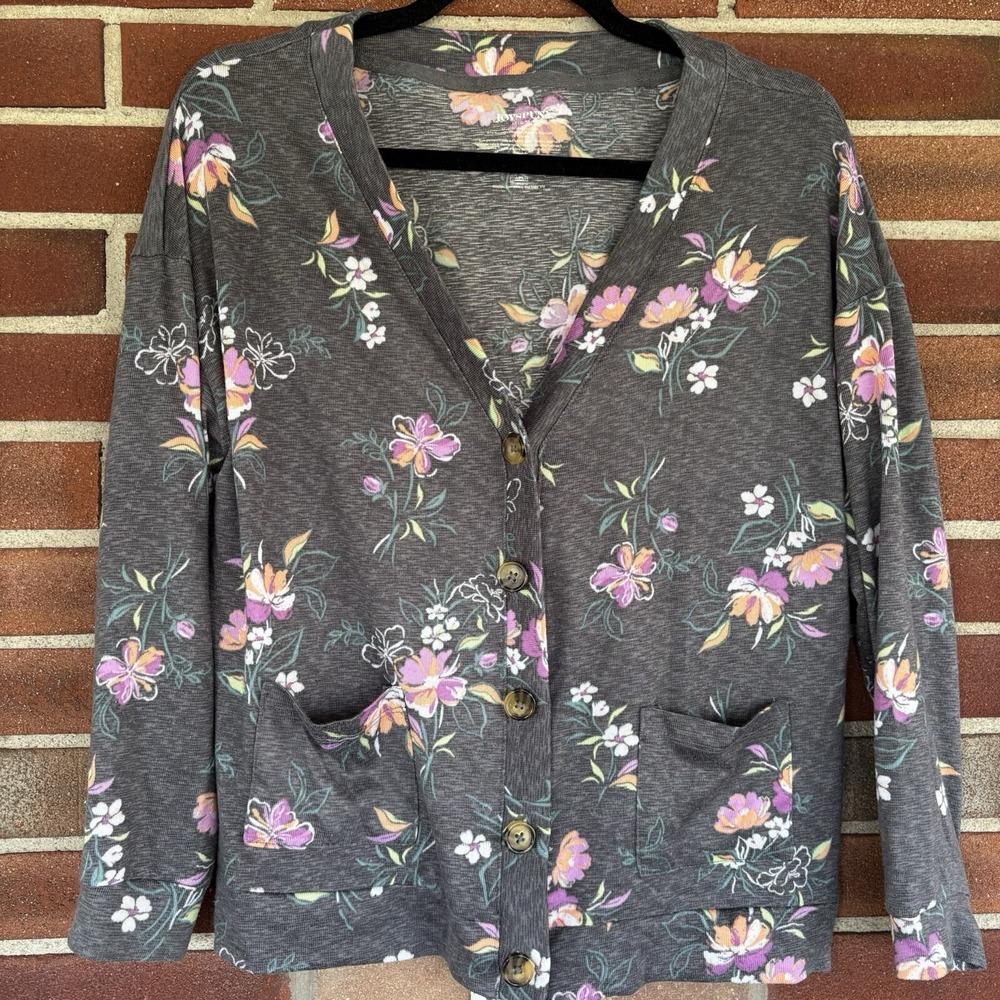 Joyspun Gray Pink Floral Cardigan Shrug Lounge Soft Knit Top Sz M A3919